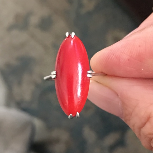 Japanese antique faux red coral silver ring - Picture 11 of 14